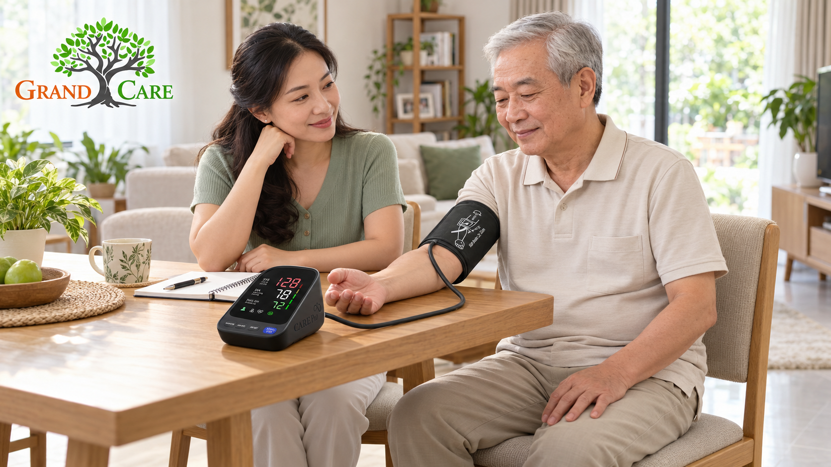 Cha con đo huyết áp tại nhà - Quản lý sức khỏe người cao tuổi